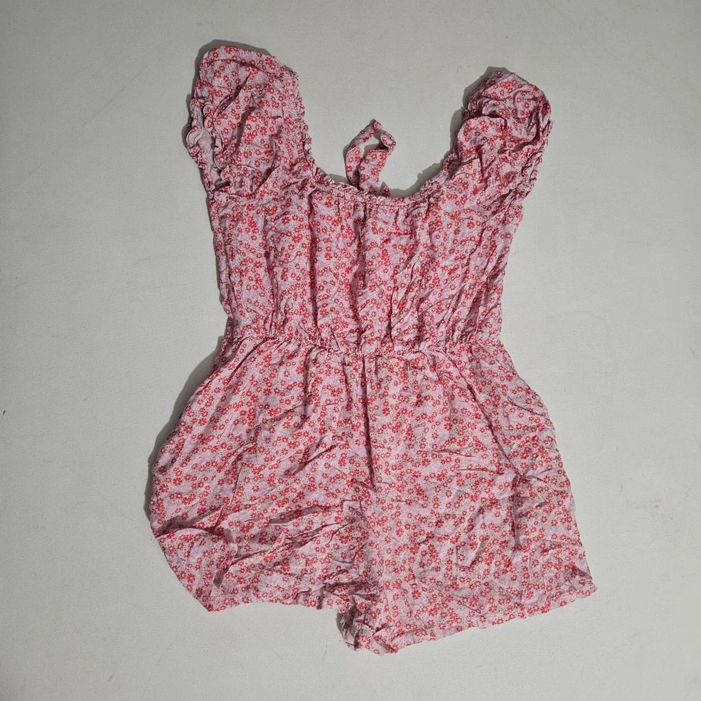 AUW Pink Red Floral Smocked Waist Romper Womens Small Ruffle Neck Short Sleeve